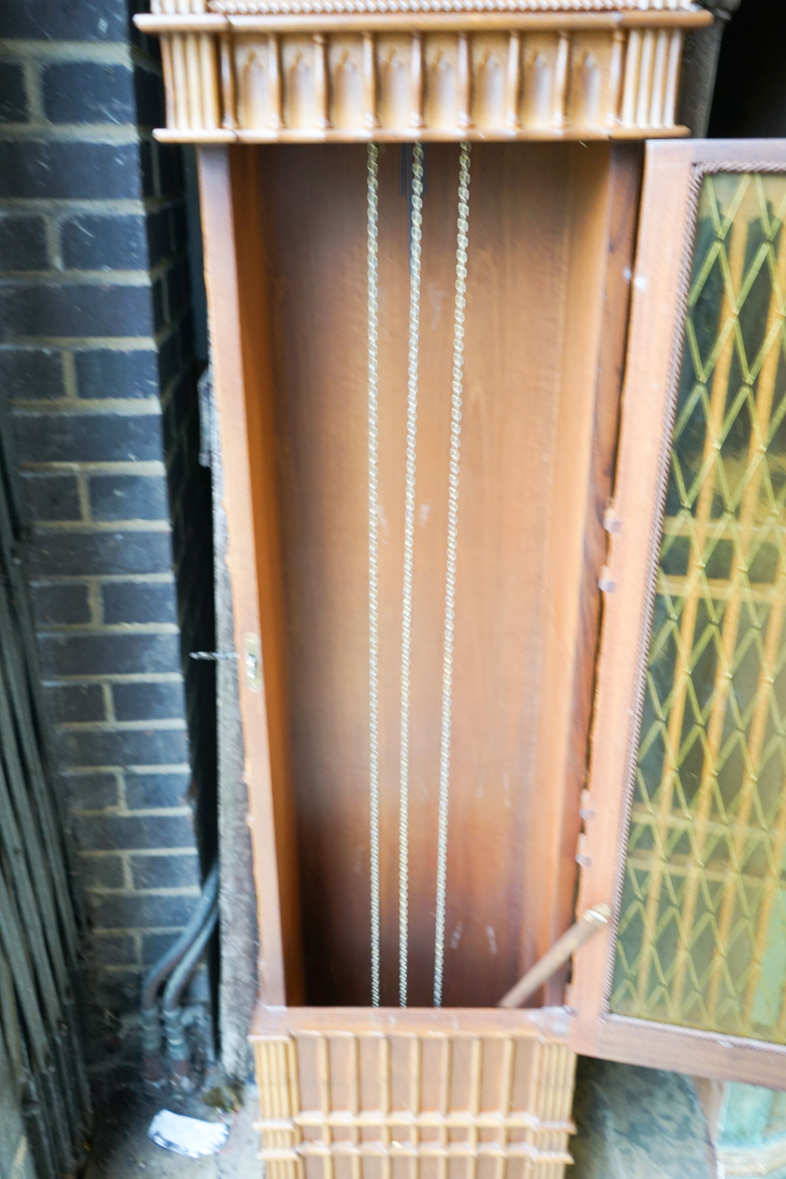 A mid 20th century architectural longcase clock, dial marked, 'Urgos', height 248cm